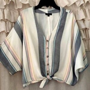 Style Envy Stripe V neck Dolman sleeve button Tie Front Top Sz M